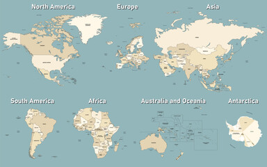 Wall Mural - all world continents detailed political isolated maps in soft beige color palette. the continents ar