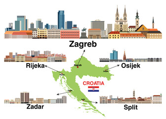 Wall Mural - Croatian main cities skylines vector set. Zagreb, Osijek, Zadar, Rijeka, Split vector illustrations. Map and flag of Croatia