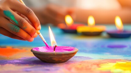 Colorful Diya painting with brushes during Diwali festival celebration