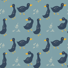 Wall Mural - Cute Cartoon Duck Seamless Pattern, Vector Illustration Background