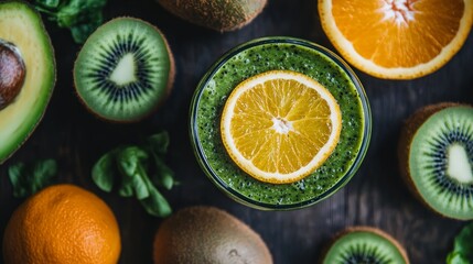 Poster - A glass of green smoothie with a slice of orange on top, surrounded by kiwi, avocado, and orange slices.