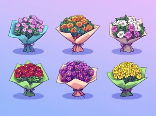 Sticker - Six colorful bouquets of flowers wrapped in paper.