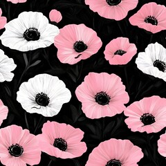 Poster - Pink and white flowers on a black background.