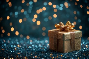 Christmas background , gift box with a Golden bow on the background of Christmas bokeh