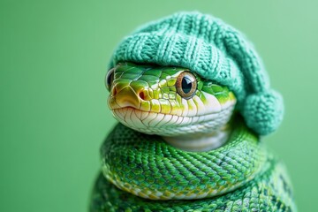 Snake wearing green holiday hat isolated over light green background. Concept of Christmas, New Year