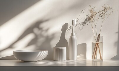 Poster - A serene arrangement featuring minimalist decor, including a bowl, bottles, and dried flowers, all softly illuminated by natural light.