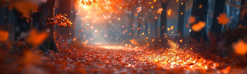 Poster - A serene forest path illuminated by warm autumn light, with falling leaves creating a picturesque and tranquil atmosphere.