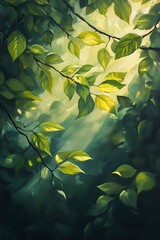 Poster - Sunlight filters through lush green leaves, creating a serene and tranquil atmosphere in a forest setting.
