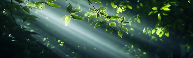 Poster - A serene forest scene with sunlight filtering through lush green leaves, creating a tranquil atmosphere and emphasizing the beauty of nature.
