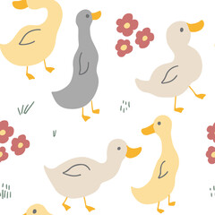 Wall Mural - Cute Cartoon Duck Seamless Pattern, Vector Illustration Background