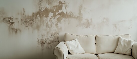 living room wall affected by mold and dampness. dark moisture stains are visible on a white wall, in