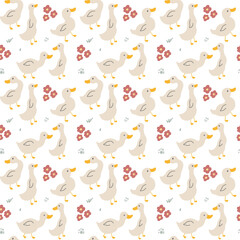 Wall Mural - Cute Cartoon Duck Seamless Pattern, Vector Illustration Background