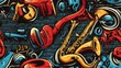 © LuvTK - Graffiti-inspired pattern featuring saxophones, headphones, and trumpets, with abstract music notes and colorful soundwaves, layered on a rough brick wall background,