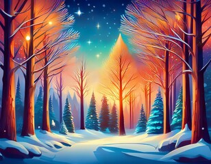 beautiful and colorful illustration of a winter forest at christmas time for a greetings card background