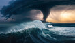 © psychoshadow - Dramatic tornado above the ocean during a thunderstorm creating big tsunami waves. Weather disasters caused by the global climate change. Environmental problem concept