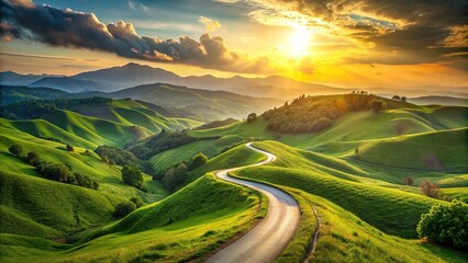 Scenic winding road through green hills and mountains during sunset