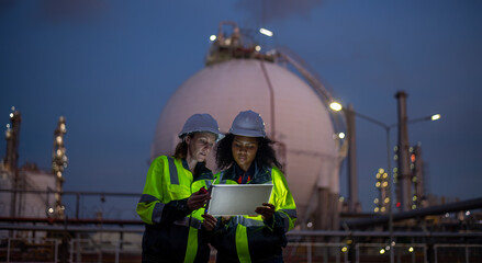 Engineers wearing safety gear, including hard hats examining survey are using tablet collaborating and discussing on screen work plant site use with night lights of oil refinery industry background.