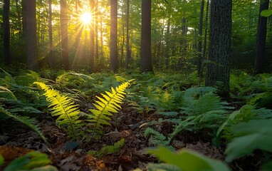 Poster - Sunlight filters through trees, illuminating lush ferns in a serene forest setting.