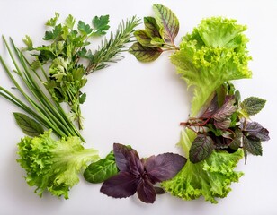 food frame with assortment of fresh organic salad leaves and kitchen herbs for balanced diet isolated on white healthy food nutrition concept