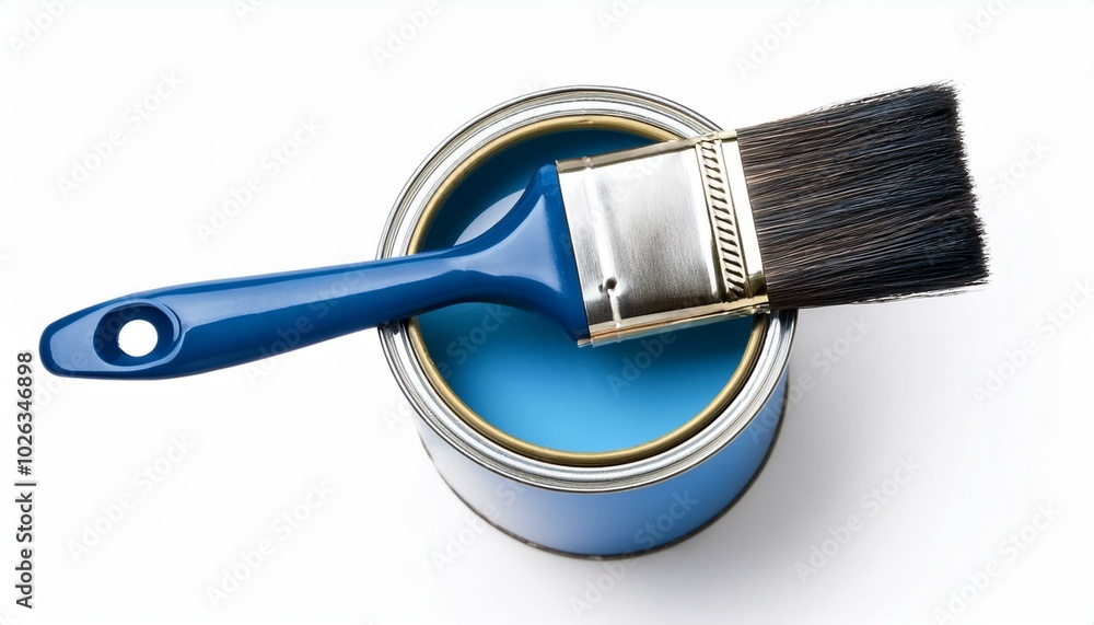 high angle view of blue paint can with brush isolated on white ...