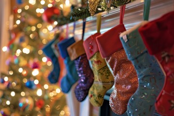 Festive christmas stockings hung by a decorated tree with lights