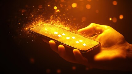 A glowing smartphone in a hand, surrounded by radiant sparks and shimmering stars, symbolizing innovation and digital magic.