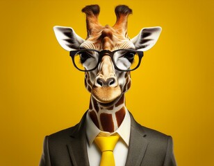 portrait of giraffe dressed in business suit transparent glasses and yellow tie isolated on yellow background with copy space generative ai