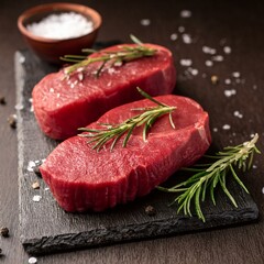 raw beef filet mignon steaks with rosemary pepper and salt on dark rustic board