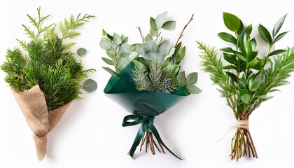 selection of natural branch elements bouquet collection elements isolated on a white background