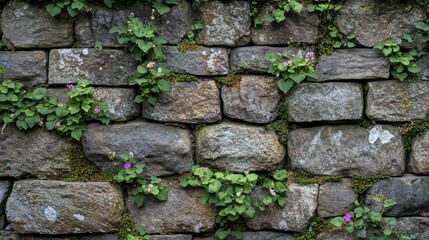 Stone Wall with Growing Vines and Delicate Pink Flowers