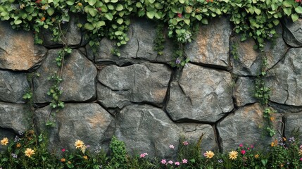 A Stone Wall Covered in Lush Green Vines and Wildflowers