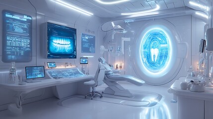 Aufkleber - A futuristic, high-tech room featuring advanced screens, a portal, and a sleek design, illuminated by soft blue and white light.