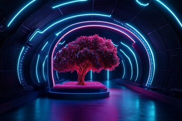 Poster - Bio-engineered holly willow in a futuristic greenhouse, with its leaves glowing under UV light and its red stems enhanced to produce renewable energy in a clean, modern setting