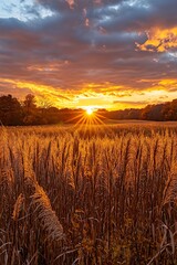 Aufkleber - A golden sunset illuminates a vast field, casting warm tones across the landscape, with clouds creating a dramatic sky.