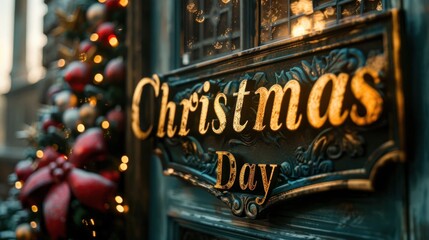 Festive Christmas Day sign with holiday decorations and lights