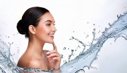 young beautiful woman with clean fresh skin with splash of water white background