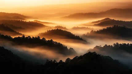 Sticker - Scenic view of mountains covered with mist during golden sunrise, creating a layered and ethereal landscape.