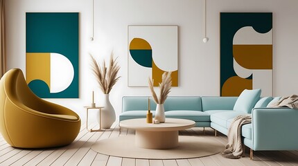 Blue sofa and terra cotta lounge chair against wall with two art posters Minimalist home interior design of modern living room