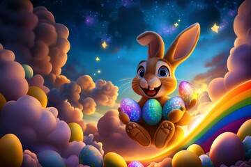 Poster - Easter bunny riding a rainbow, distributing magical Easter eggs that shimmer with iridescent light, as the sky is filled with glowing stars and pastel clouds