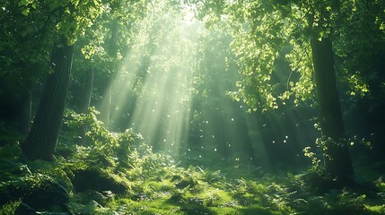 Poster - A serene forest scene with sunlight streaming through lush green leaves, creating a peaceful and inviting atmosphere in nature.