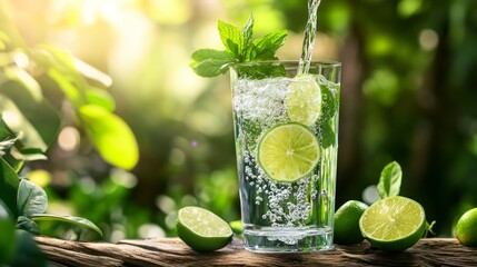 Wall Mural - A refreshing glass of lime water with mint garnished, pouring in front of a green, lush forest.