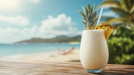 Wall Mural - A refreshing pineapple cocktail on a beachside table with a blurred background of a sandy beach, turquoise ocean, and a couple relaxing in the sun.