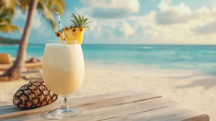 Wall Mural - A refreshing pineapple smoothie on a wooden table with a tropical beach and palm trees in the background.