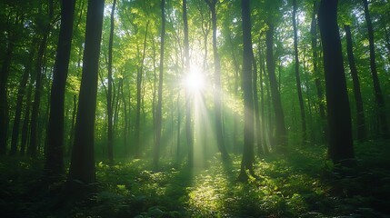 Poster - A serene forest scene with sunlight streaming through trees, creating a tranquil atmosphere filled with lush greenery.