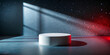 © Bogi Art - White cylindrical platform is illuminated by dramatic lighting against starry backdrop,casting deep shadows on the floor.Scene shows a gradient of red and blue shades for the product presentation.AI