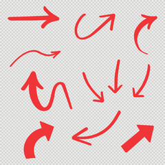 Set of red hand drawn arrow icons, Curved doodle style
