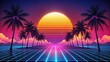 © suchetpong - Neon synthwave retro style landscape with glowing palms at sunset