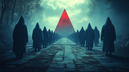 Canvas Print - A group of people are walking down a path in front of a red pyramid