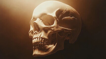 Wall Mural - A skull is shown in a dark background with a light shining on it