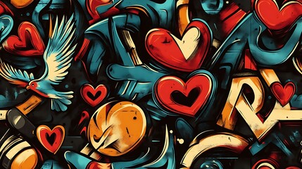 Sticker - Seamless graffiti pattern with hearts, glowing doves, and abstract peace symbols, highlighted by bright neon colors and brushstrokes, spray-painted on a dark concrete wall,